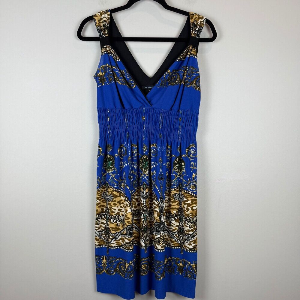 Saint Tropez West Dress Women's 6 Blue Leopard Smocked V-Neck Sleeveless Artsy